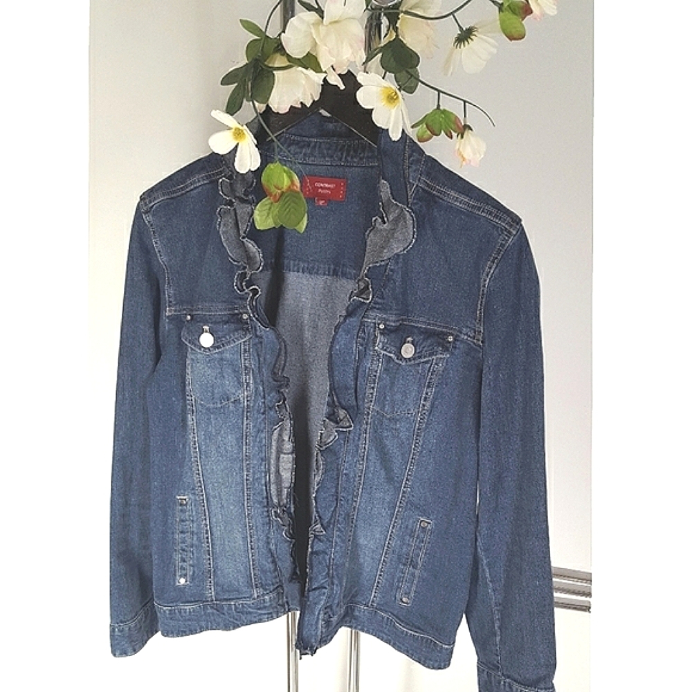 Vintage💙Dark Wash Ruffle Blue Denim Jacket|Contrast